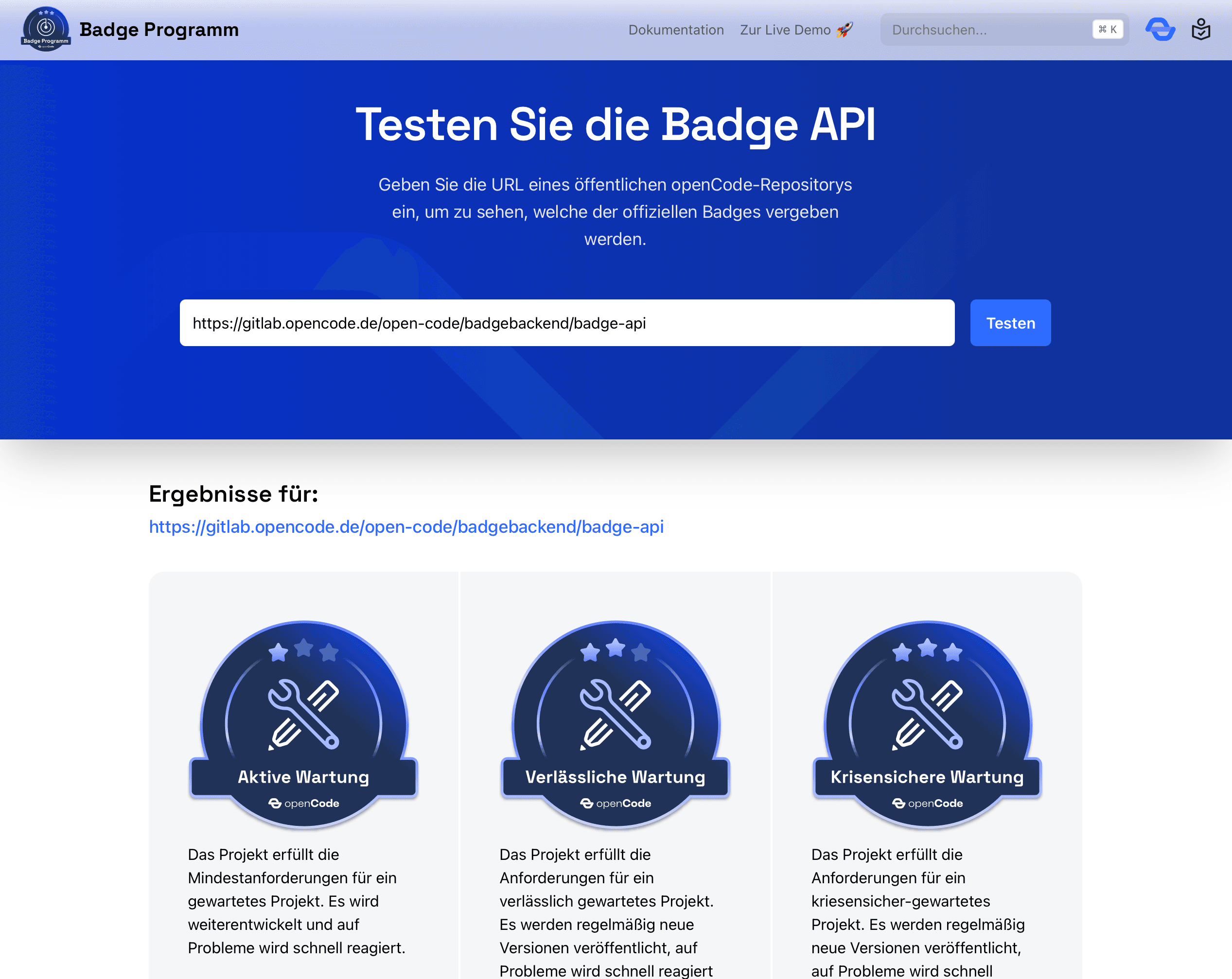 Screenshot der Live Demo auf der Badge Programm Dokumentationsseite