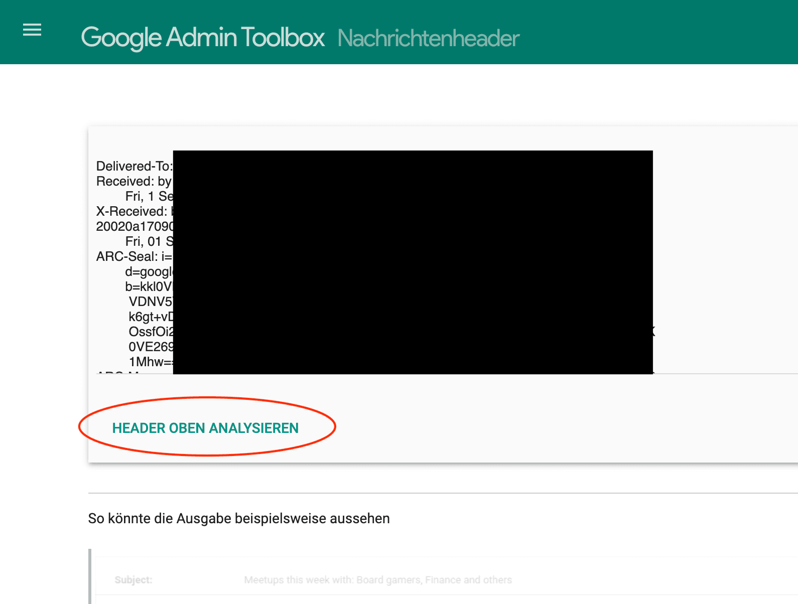 Screenshot der Google Admin Toolbox Nachrichtenheader-Analyse mit hervorgehobener Option zur Analyse des E-Mail-Headers.