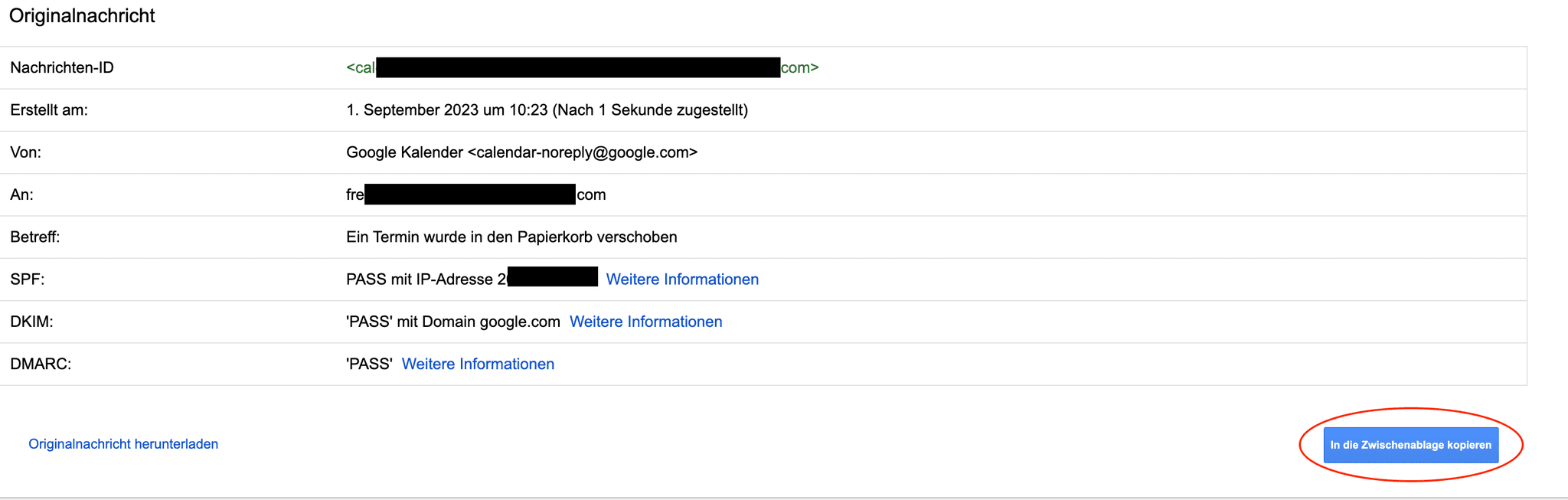 Gmail Phishing Angriff Erkennen: Originaltext der E-Mail in die Zwischenablage kopieren